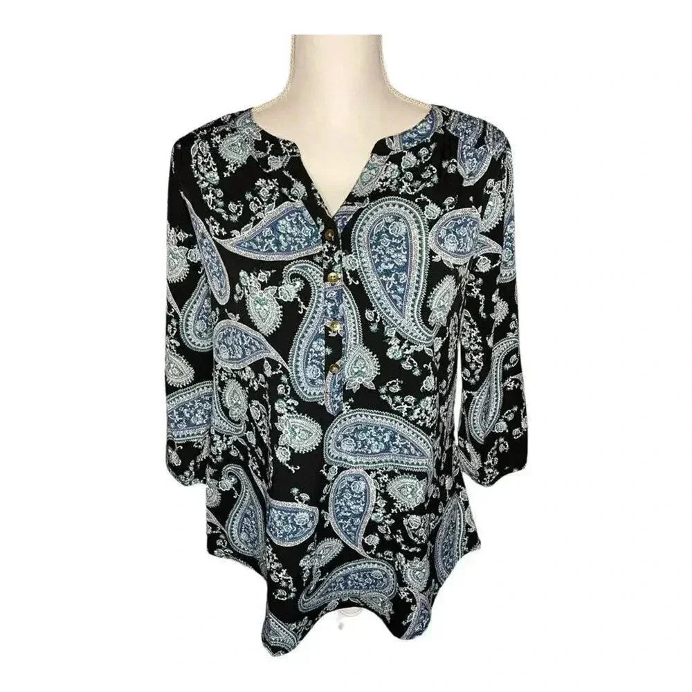 Croft &‎ Barrow Women’s Medium Black & Blue Paisley Popover Peasant Top